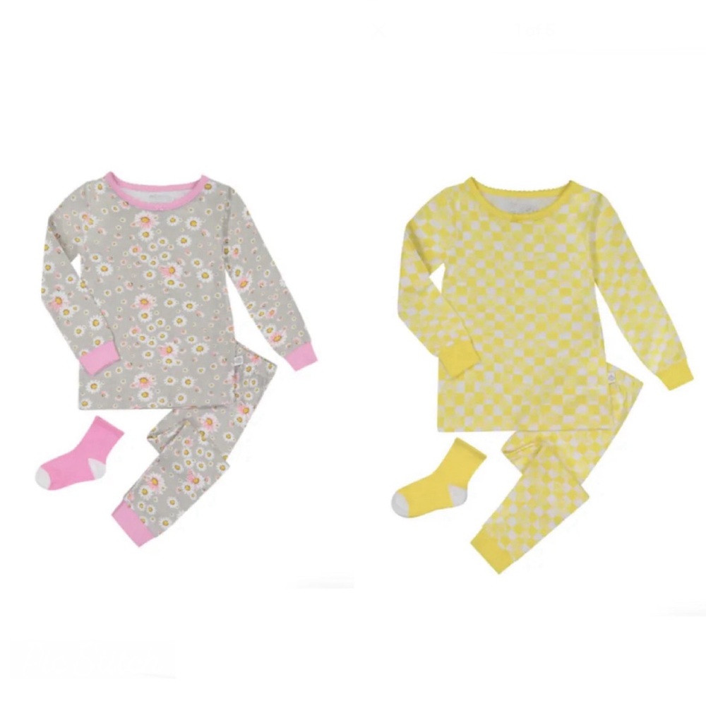 (2) SLEEP ON IT Floral Print & Check 3-Piece Pajama & Sock Set Toddler Girls